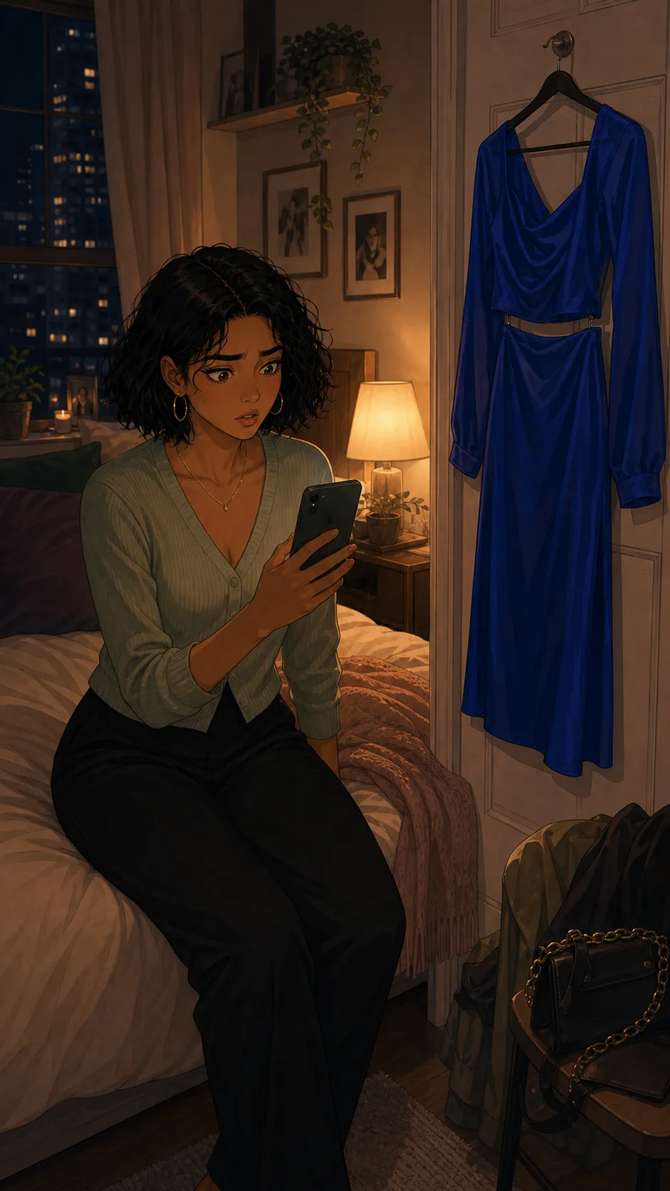 Mina sits beside the cobalt outfit after seeing the theme change.