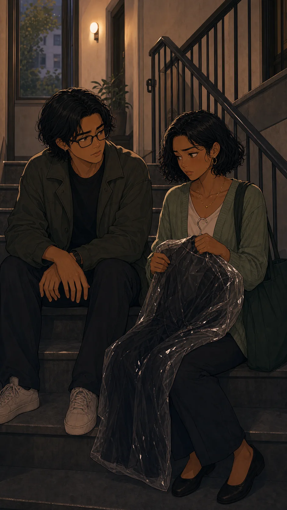 Ren and Mina talk quietly on a stairwell about the changed dress code.