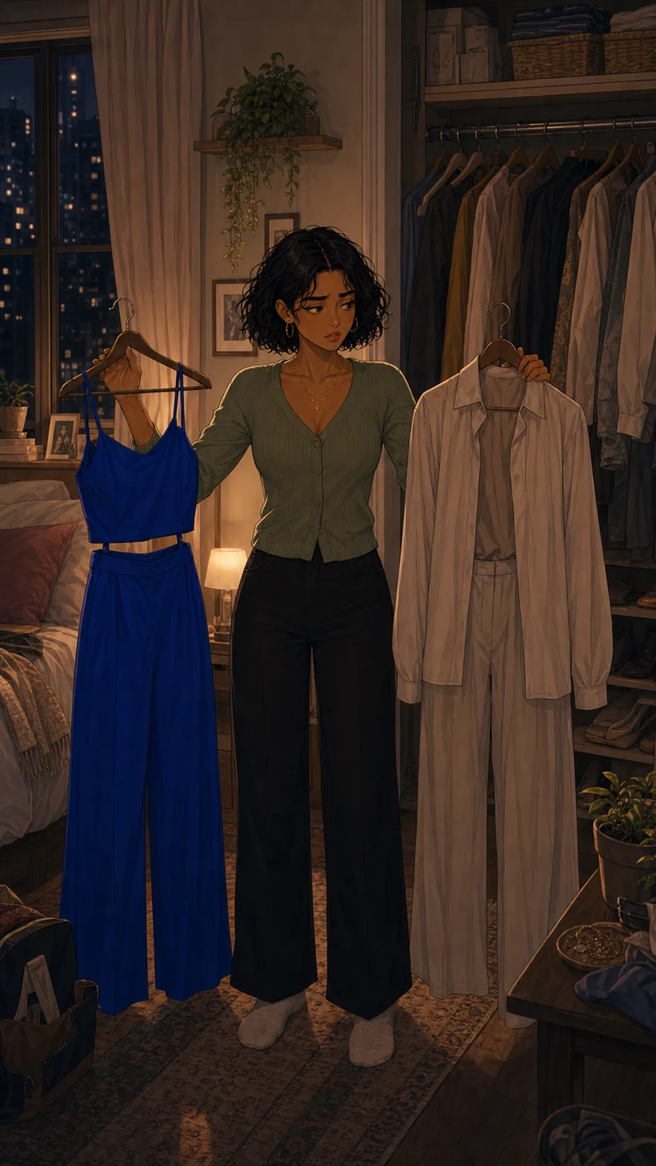 Mina stands between a cobalt outfit and a neutral outfit.