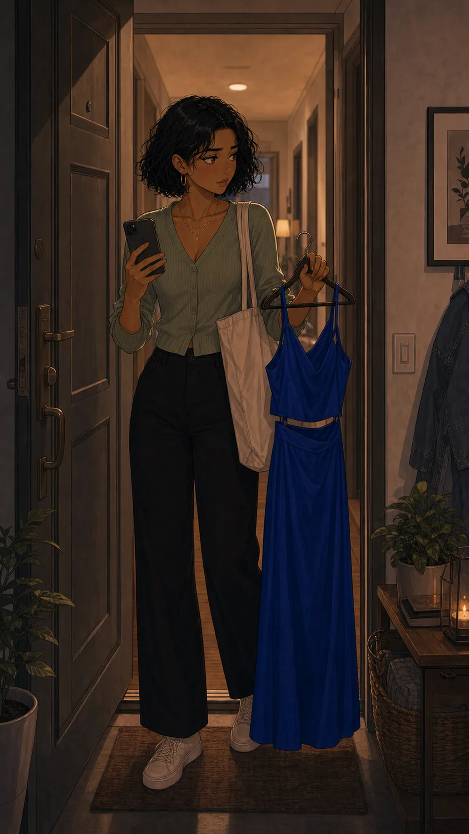 Mina stands at her apartment door holding the cobalt outfit.