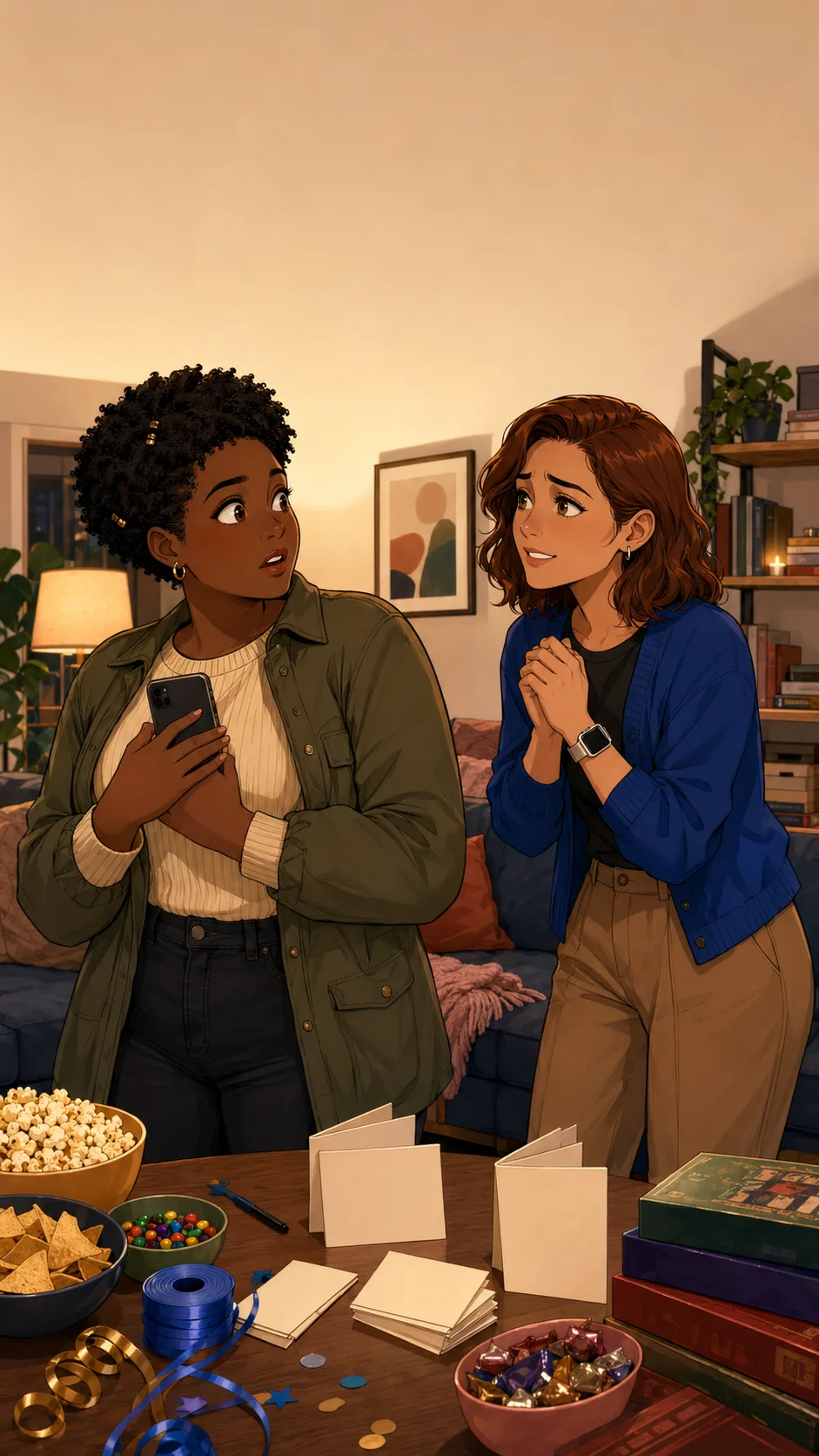 Ava and Zoey stand in a generic apartment living room beside blank invitation cards, snacks, and party supplies.