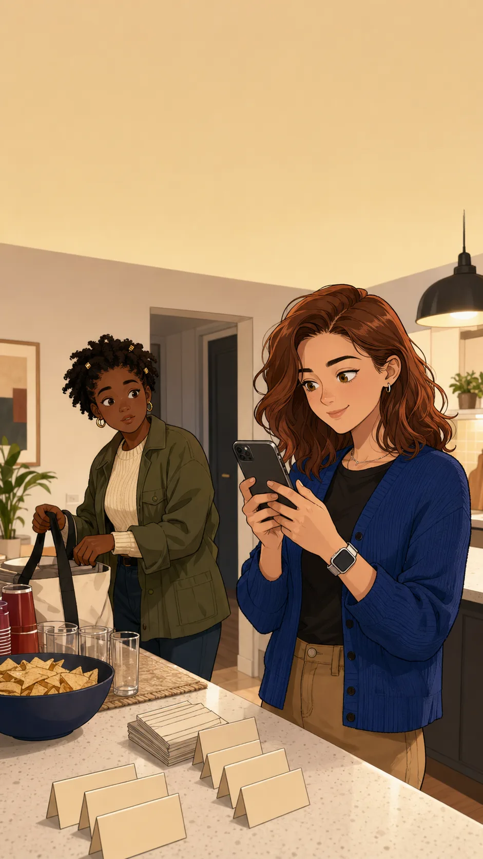 Zoey checks a phone with the screen facing her while Ava packs a tote behind a kitchen island with blank place cards.