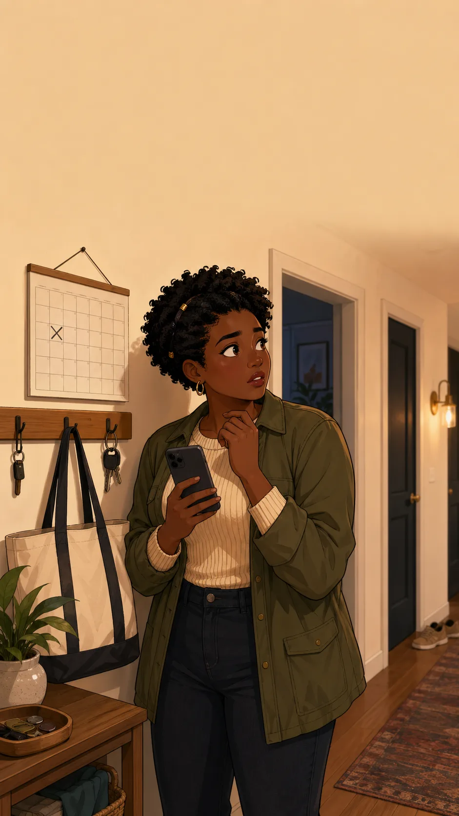 Ava stands in a generic apartment hallway holding a phone with the screen facing her beside a blank wall calendar.
