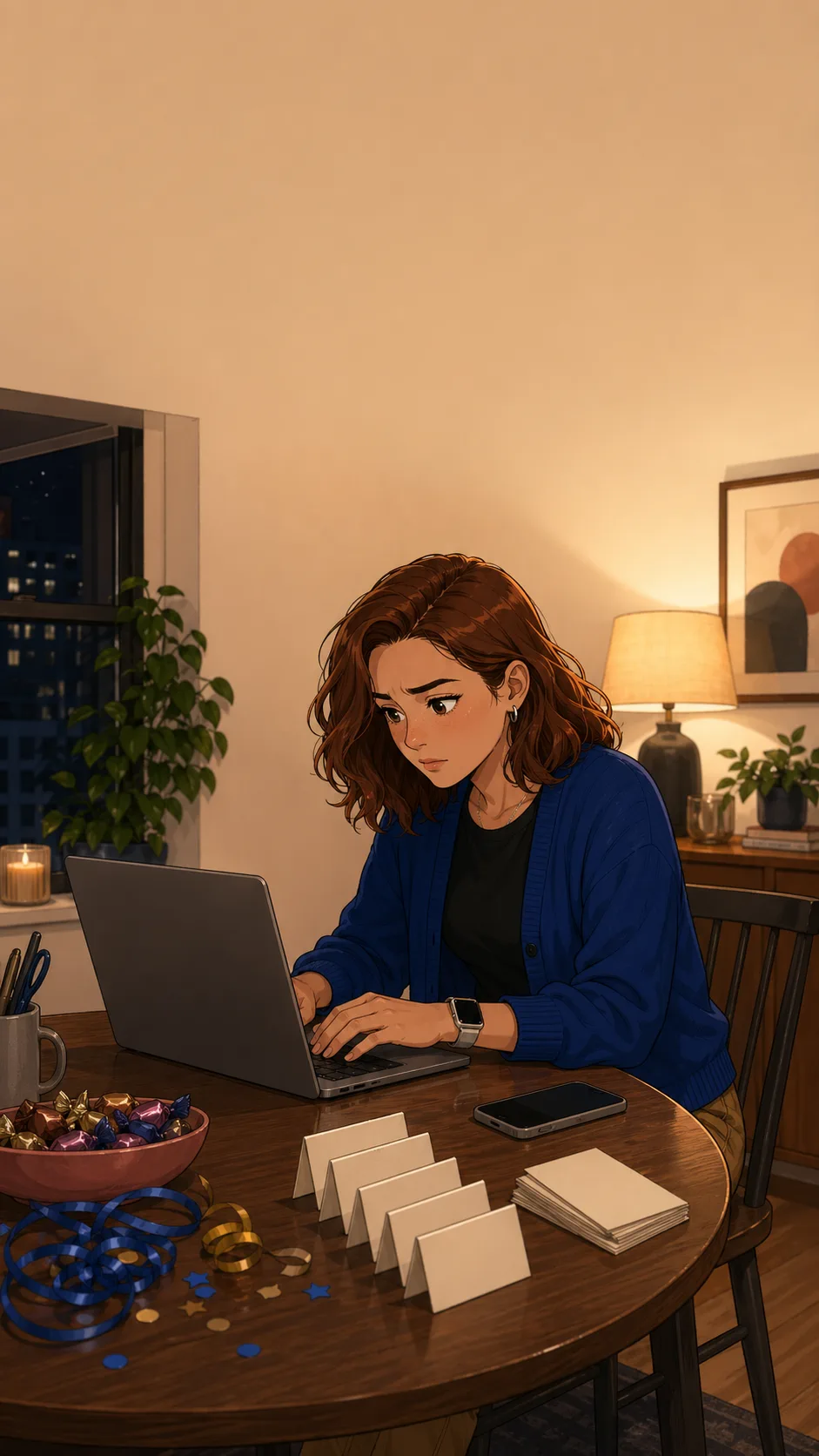 Zoey sits at a generic apartment dining table with an angled laptop, face-down phone, blank headcount cards, and party supplies.
