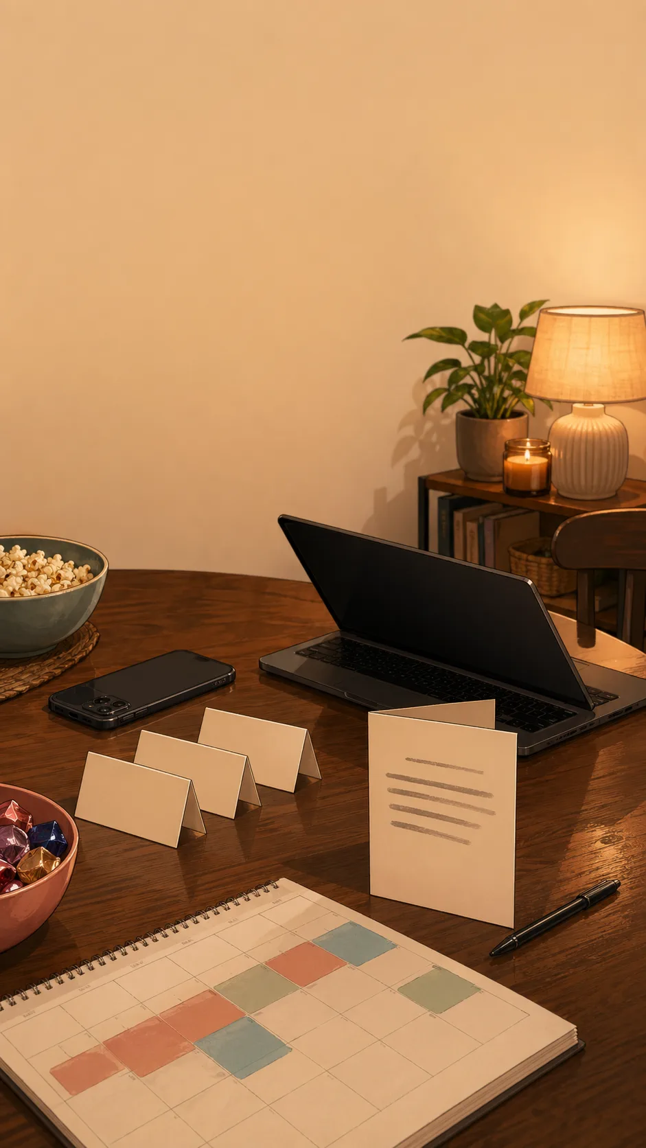 A generic apartment table shows a face-down phone, partly closed laptop, blank invitation card, empty place cards, snacks, pen, and unmarked calendar page.