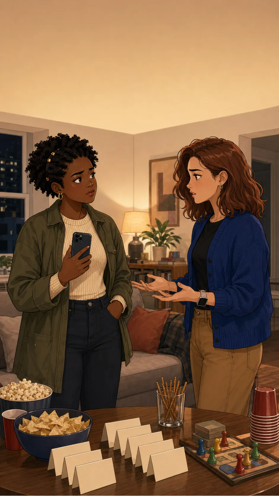 Ava and Zoey face each other in a generic apartment living room beside blank place cards and snacks.