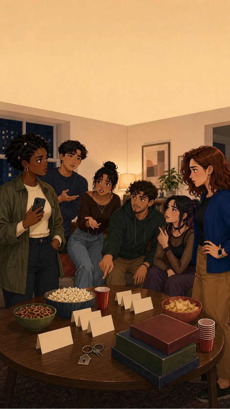 Ava, Zoey, and four friends stand around a generic apartment coffee table with the group visibly split into three opinions.