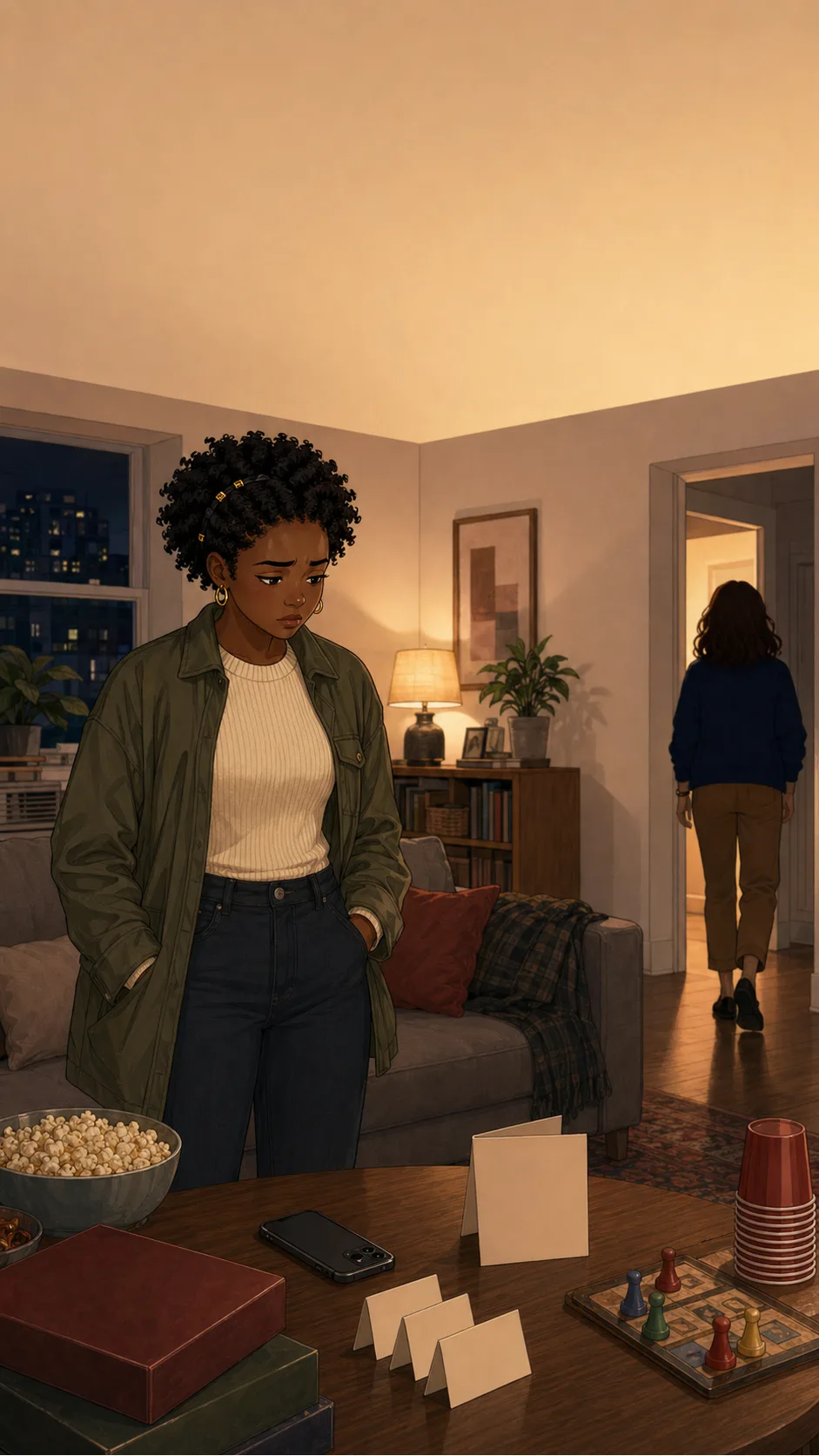 Ava stands alone in a quiet generic apartment living room with a face-down phone, blank invite card, and blank place cards on the table.