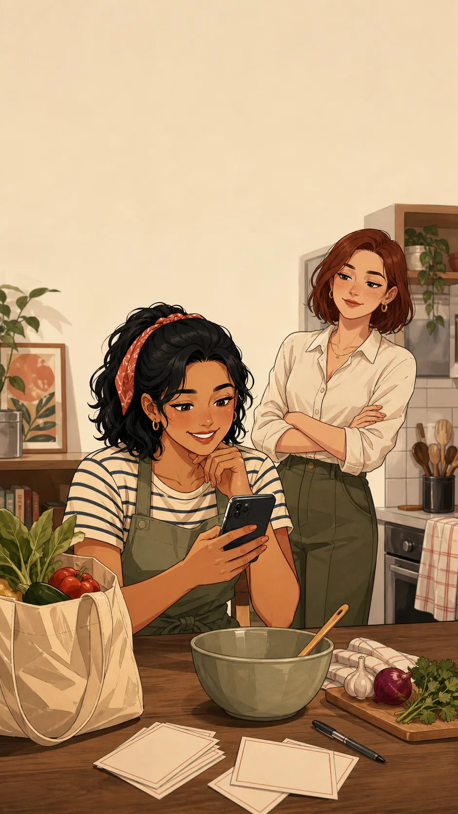 Nia smiles at a generic apartment kitchen table while looking at her phone and planning a potluck dish.