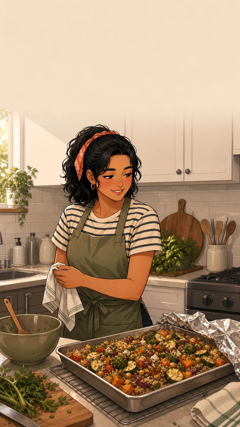 Nia stands in a generic kitchen beside a finished savory tray cooling on the counter.
