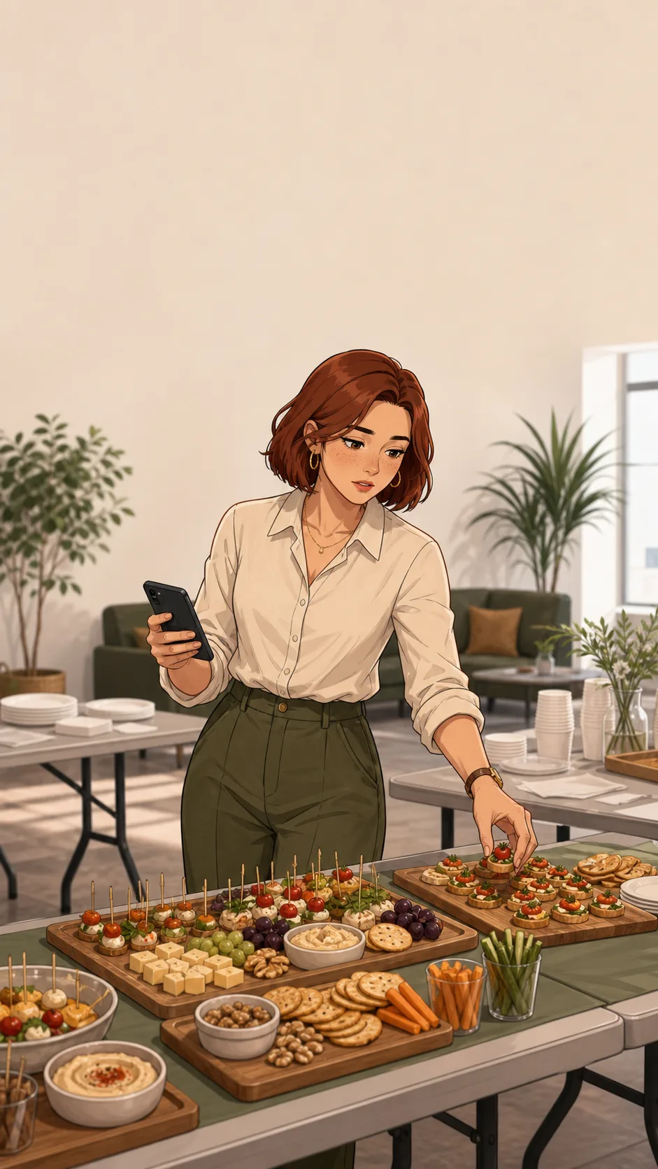 Leah arranges bite-size snack boards on folding tables in a generic building lounge while holding a phone angled away.
