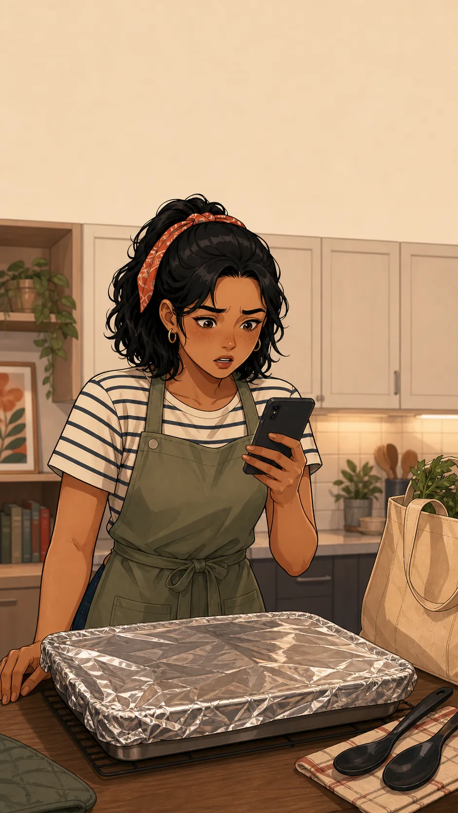 Nia looks frustrated at her phone beside an already packed savory tray in a generic kitchen.