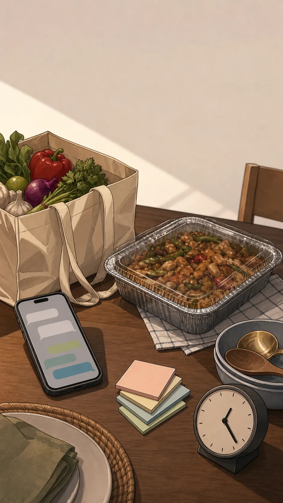 A tabletop evidence montage shows a phone with blank message blocks, a grocery tote, a covered tray, serving spoons, blank notes, and a simple clock.
