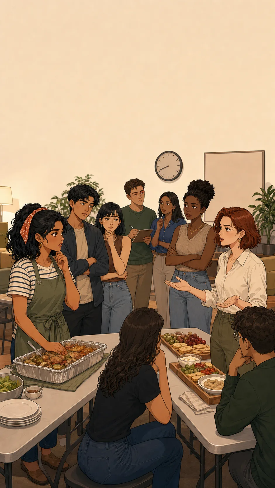 Nia, Leah, and friends stand around a generic potluck table, visibly split into three opinions.