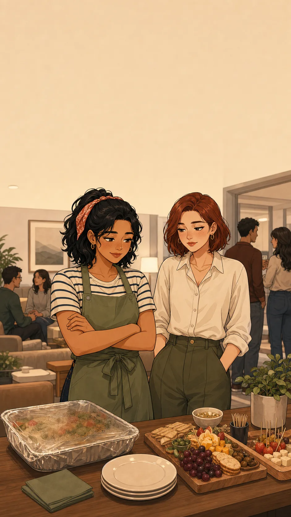 Nia and Leah stand thoughtfully beside a generic potluck table with bite-size boards and Nia's covered tray nearby.