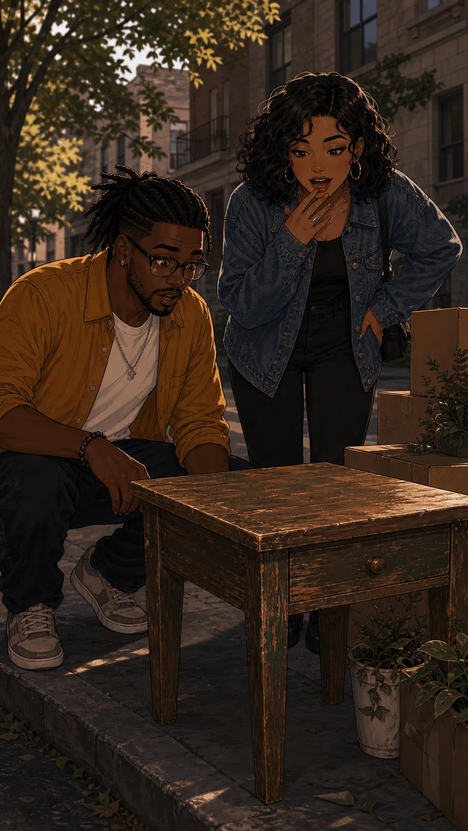 Jordan and Paige spot a small wooden table on a generic curb.