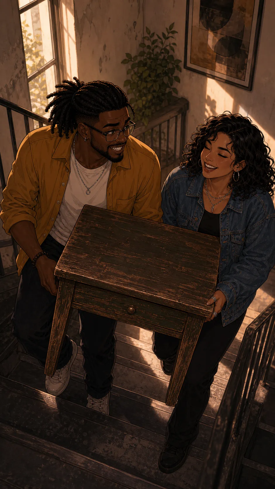 Jordan and Paige carry a small table up an apartment stairwell.