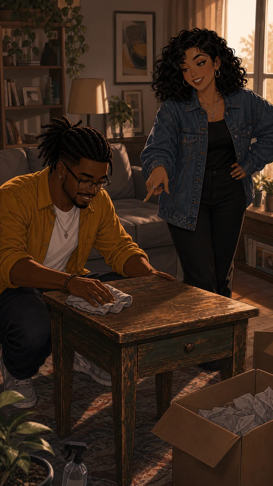 Jordan cleans the table while Paige points to it proudly.