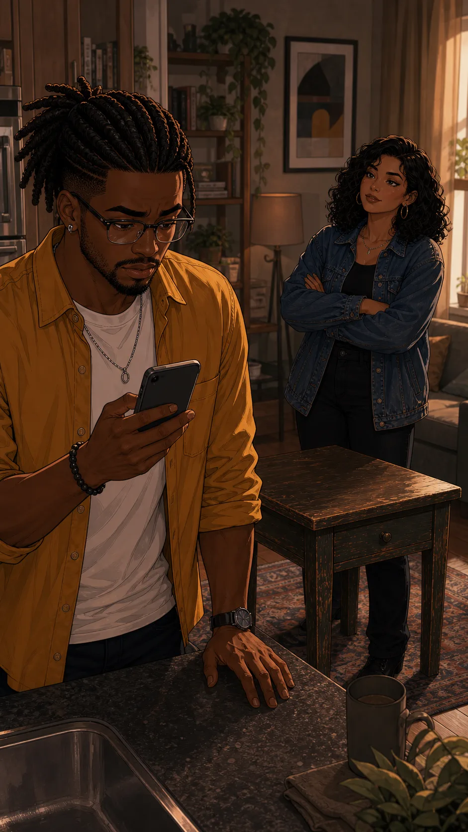 Jordan checks his phone with the screen facing him as Paige waits behind him.