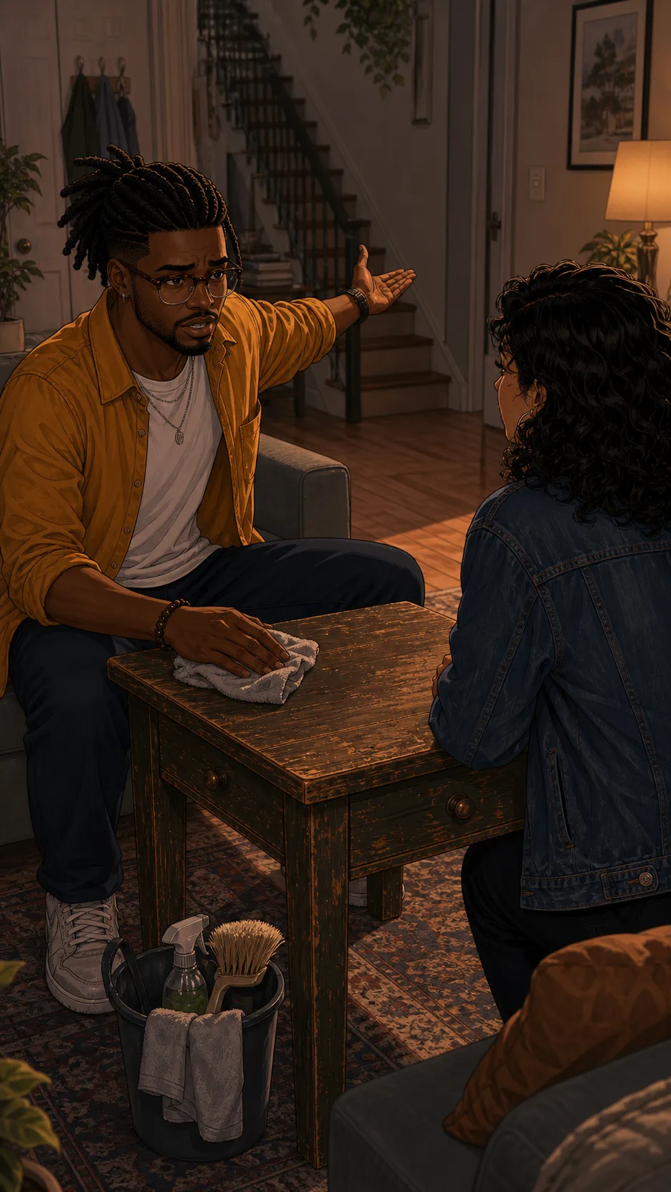 Jordan points toward the stairwell while discussing the table with Paige.