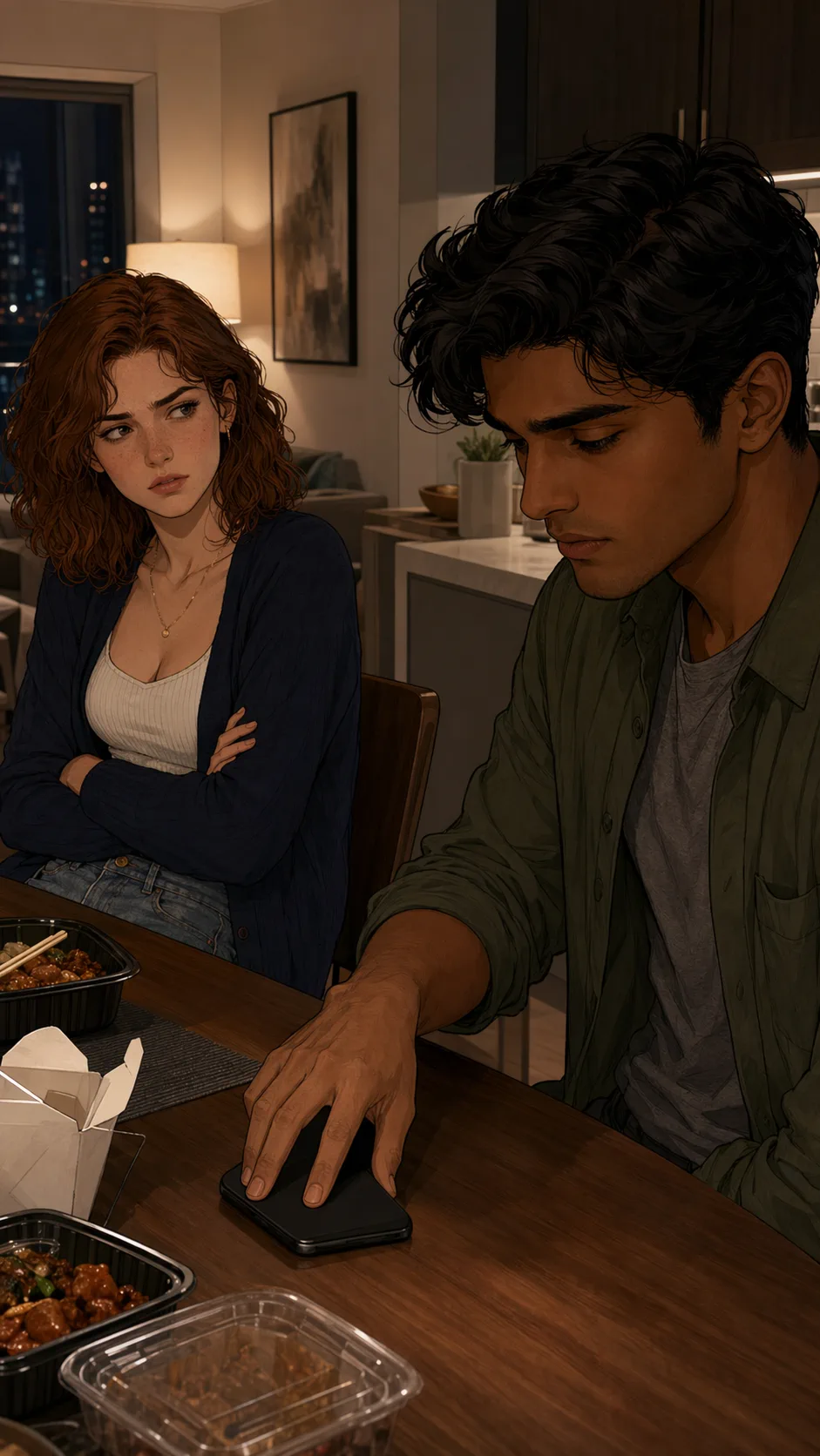At a small apartment table, a woman notices her boyfriend quickly turning his phone face-down.