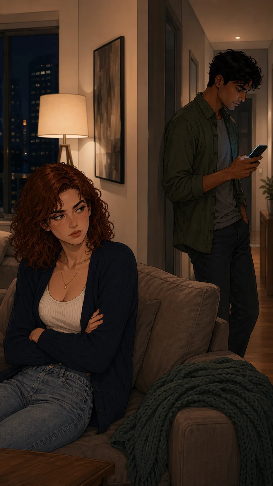 A woman on a couch watches her boyfriend step into the hallway with a glowing phone in his hand.