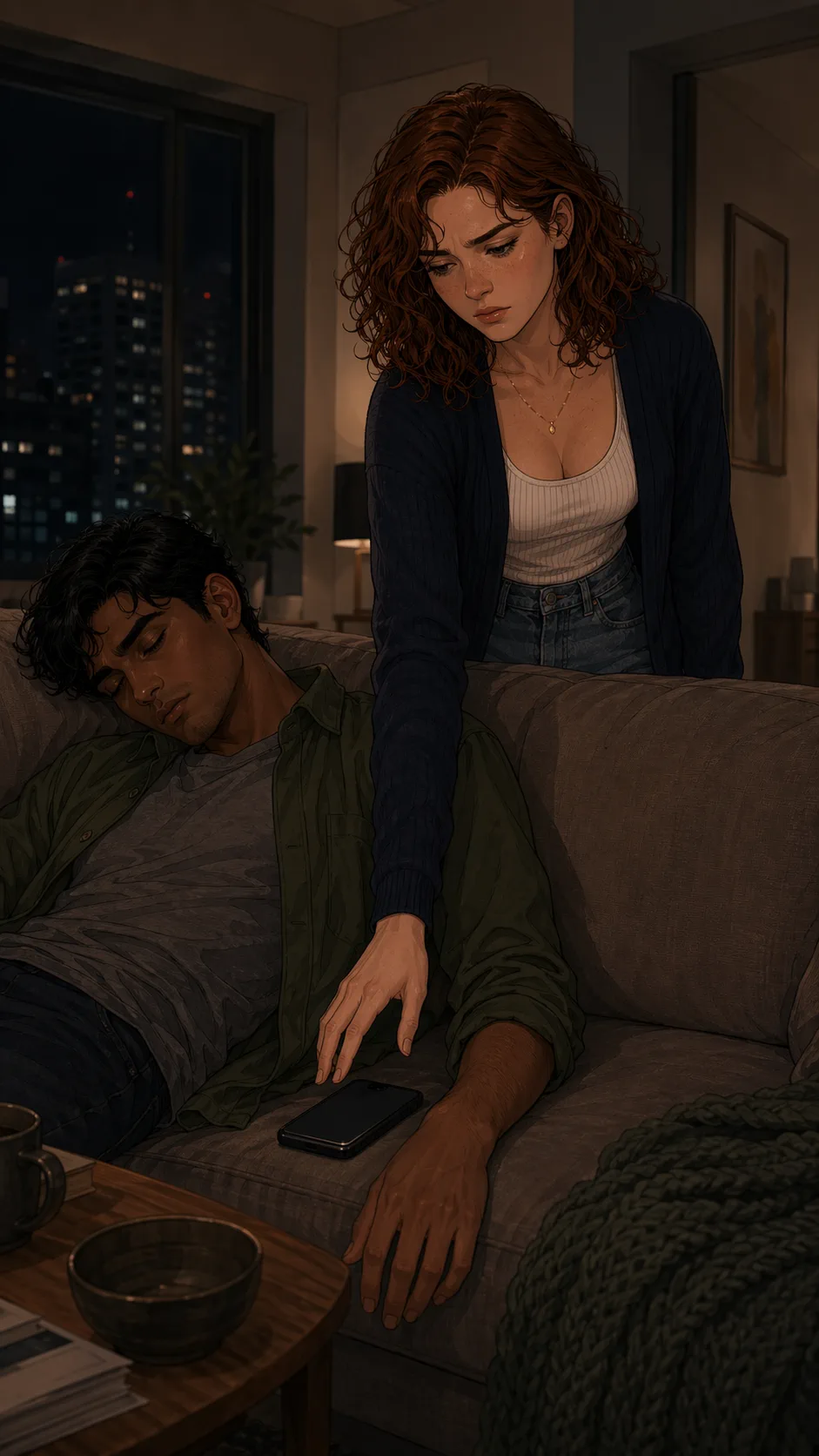 A tense woman reaches toward a phone beside her sleeping boyfriend on the couch.