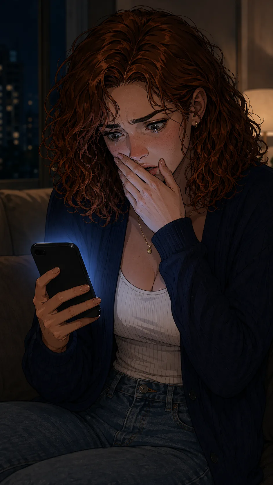 Lit by the glow of a phone, a woman realizes she is looking at screenshots of her own private messages.