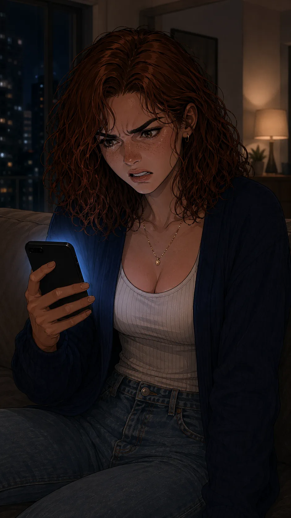 A woman's expression hardens as she realizes her boyfriend knew her secret and was waiting for her to say it.