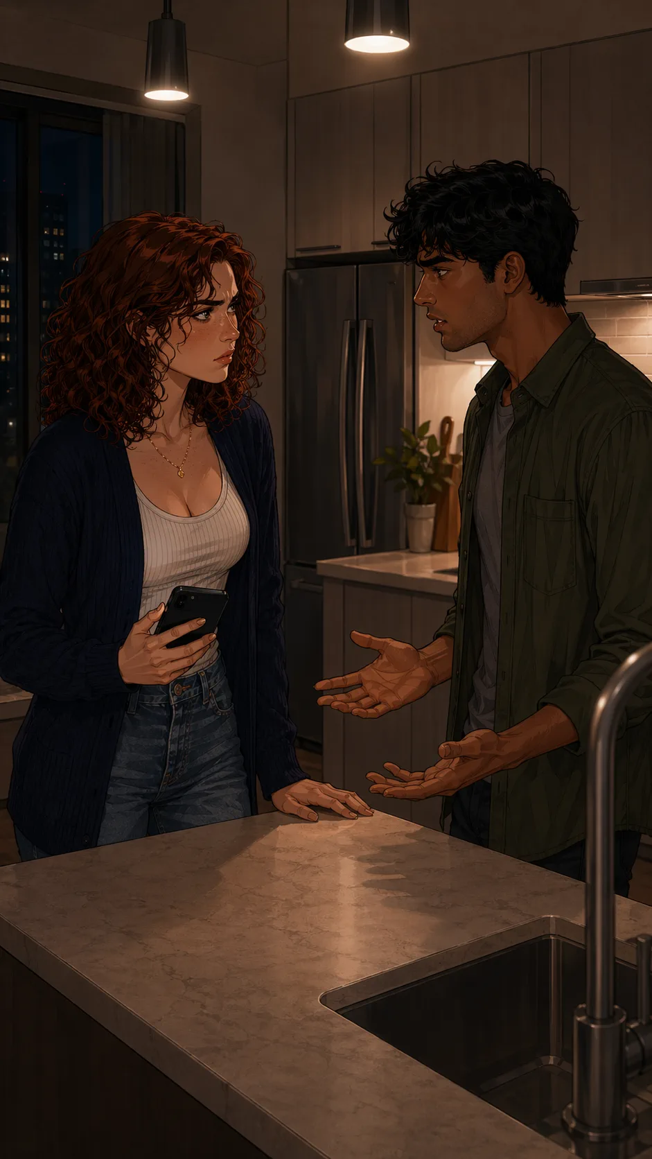 Two young partners confront each other in a kitchen late at night, both defensive and hurt.