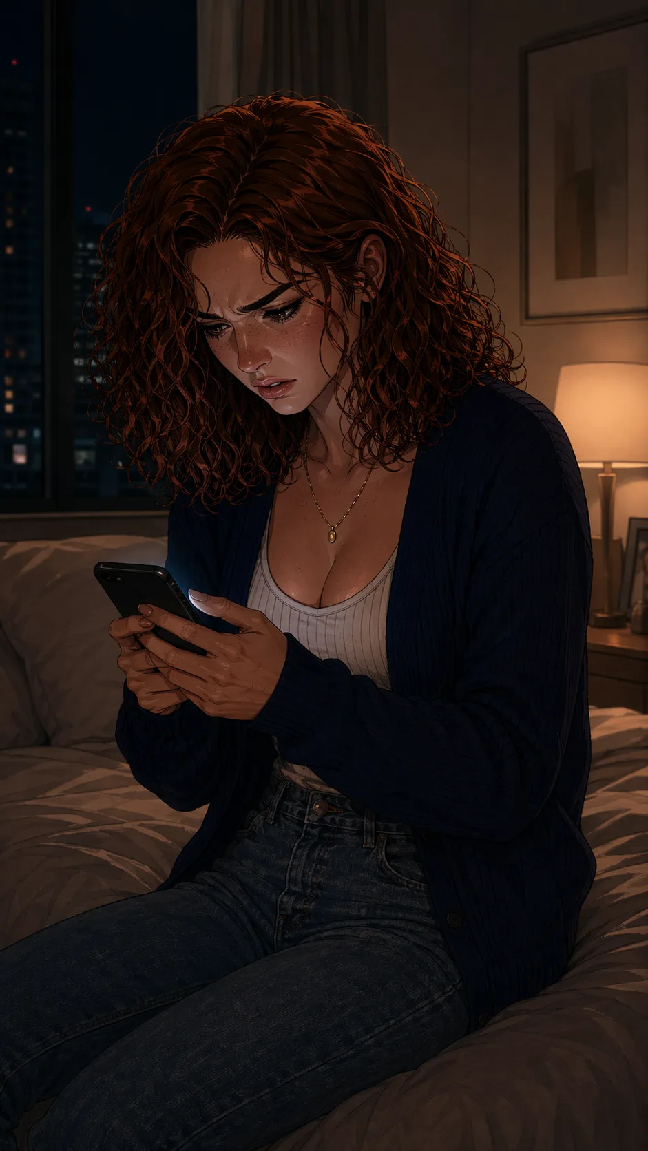 A woman sits on the edge of a bed at night, forwarding screenshots from her phone while upset.