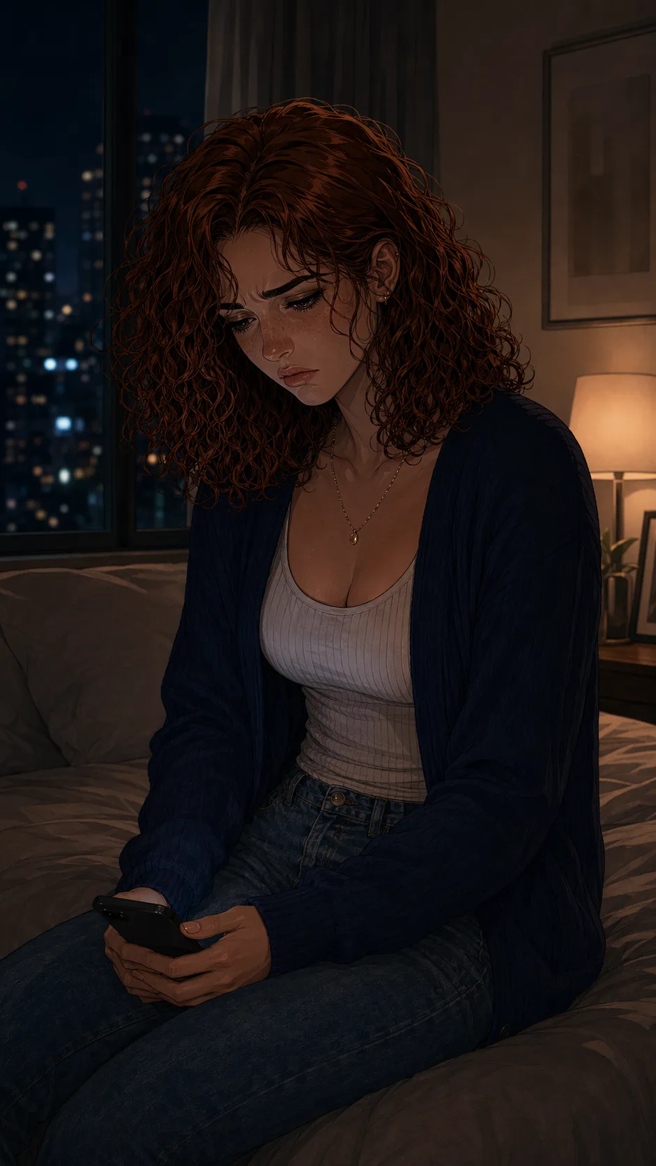 Sitting alone near a window at night, a woman looks drained as divided reactions leave her uncertain.