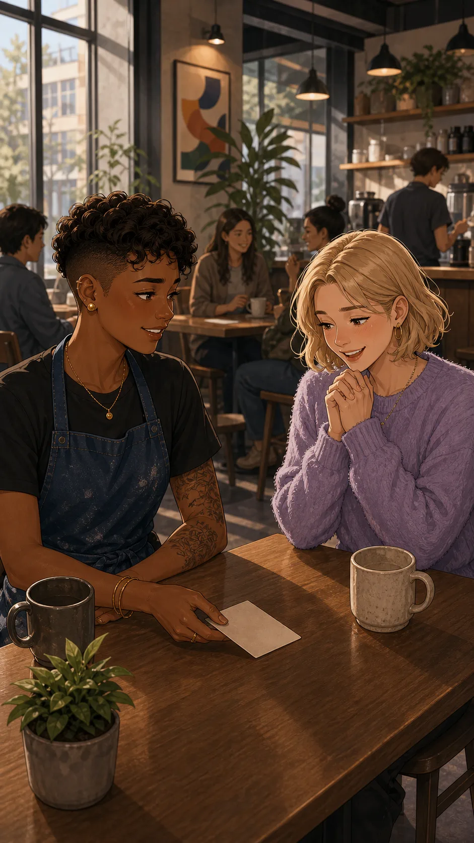 Ellis offers Brooke a blank class pass at a cafe table.