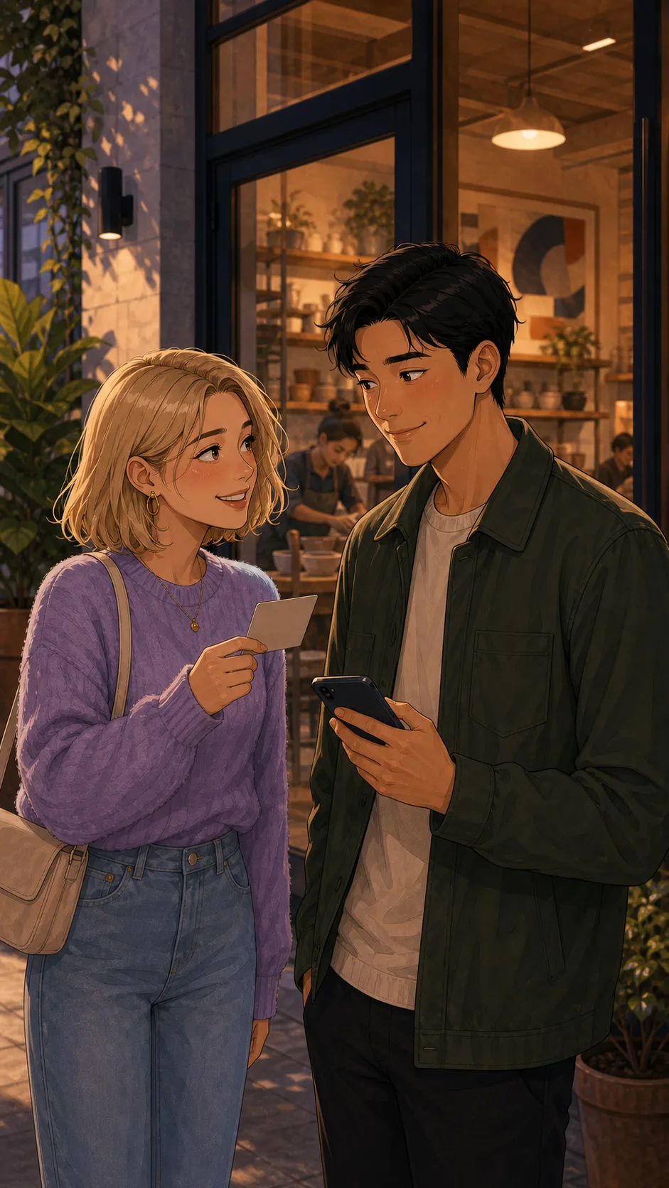 Brooke and Avery stand outside a generic pottery studio.