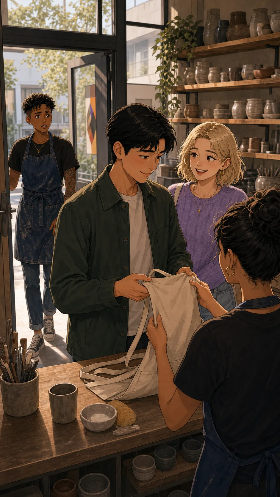 Avery checks into a pottery class while Ellis arrives surprised.