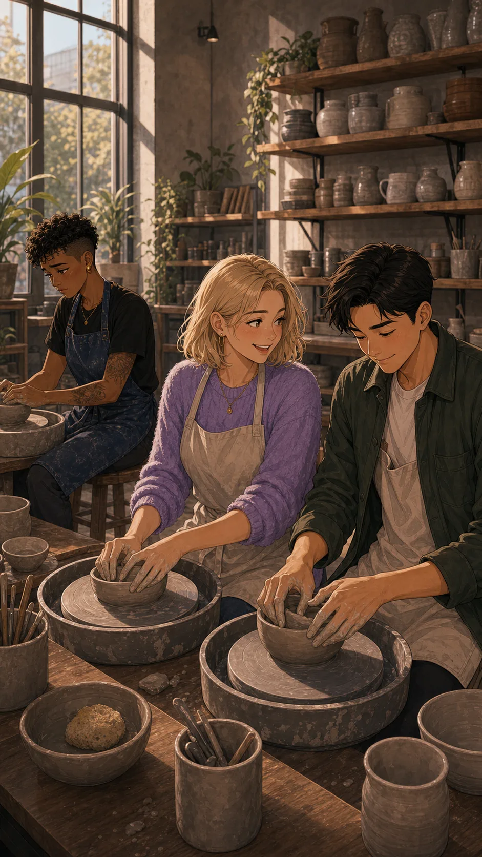Brooke and Avery share a pottery table while Ellis works nearby.