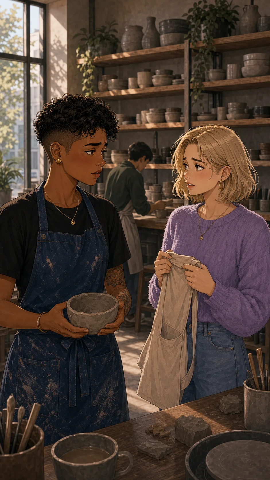 Ellis and Brooke discuss the class pass beside studio shelves.