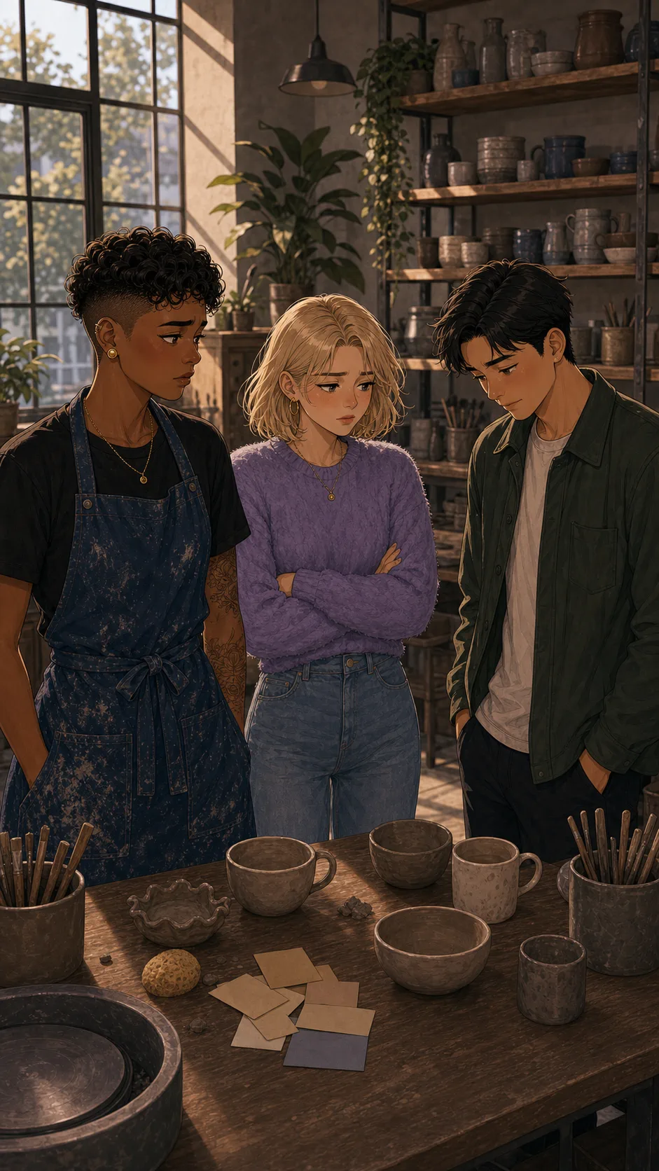 Ellis, Brooke, and Avery stand thoughtfully around a pottery table.