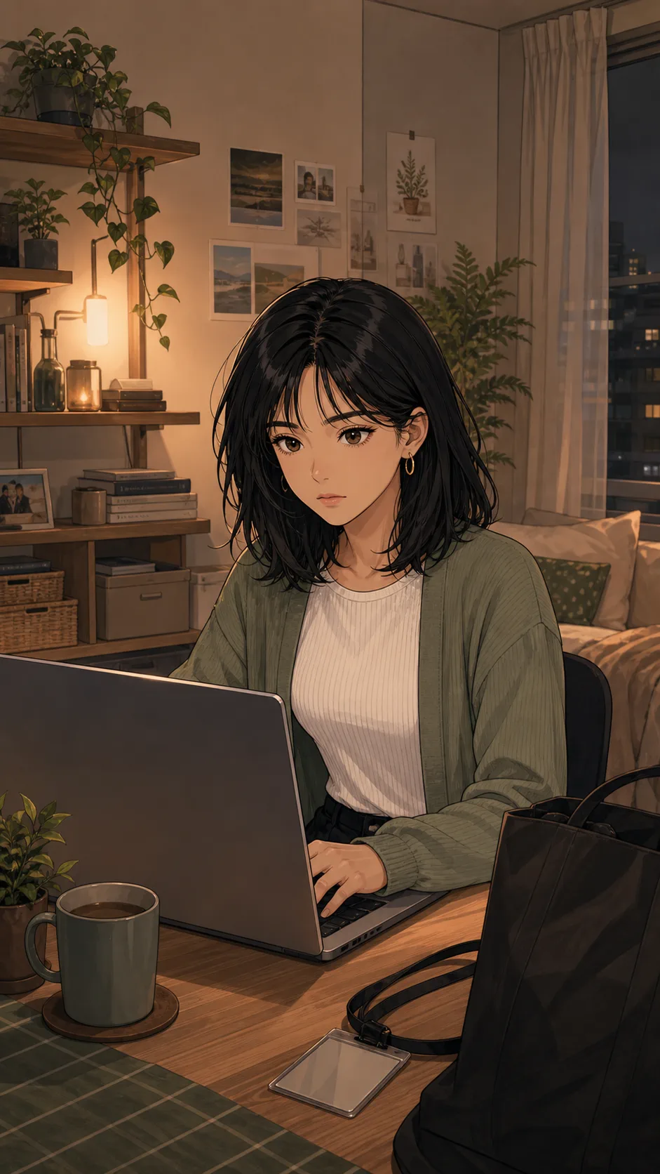 Rina works from a small home desk with a turned-away laptop, office tote, and blank badge nearby.