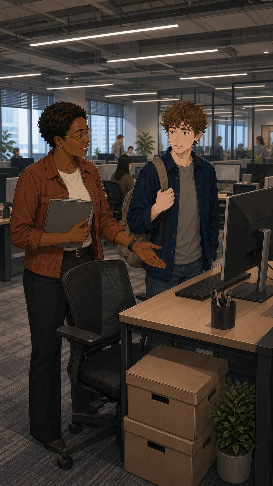 Cami shows Milo a clean desk in a generic hybrid office while plain boxes and a small plant sit nearby.