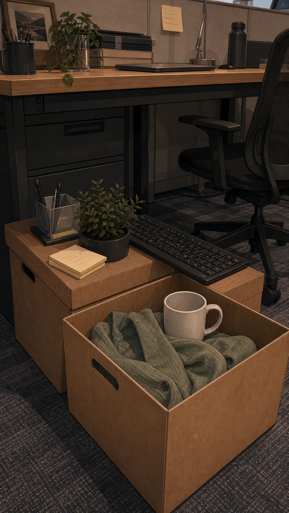 Plain boxes under a generic office desk hold an unbranded mug, keyboard, small plant, folded cardigan, and blank sticky notes.
