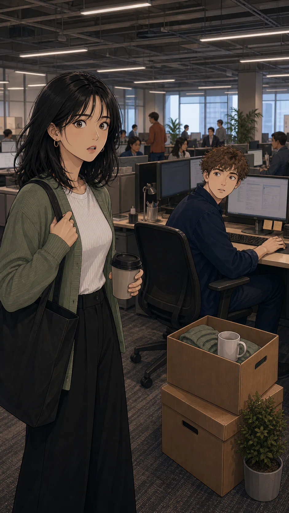 Rina stands startled in a generic office aisle as Milo sits at her regular desk beside two plain boxes and a small plant.