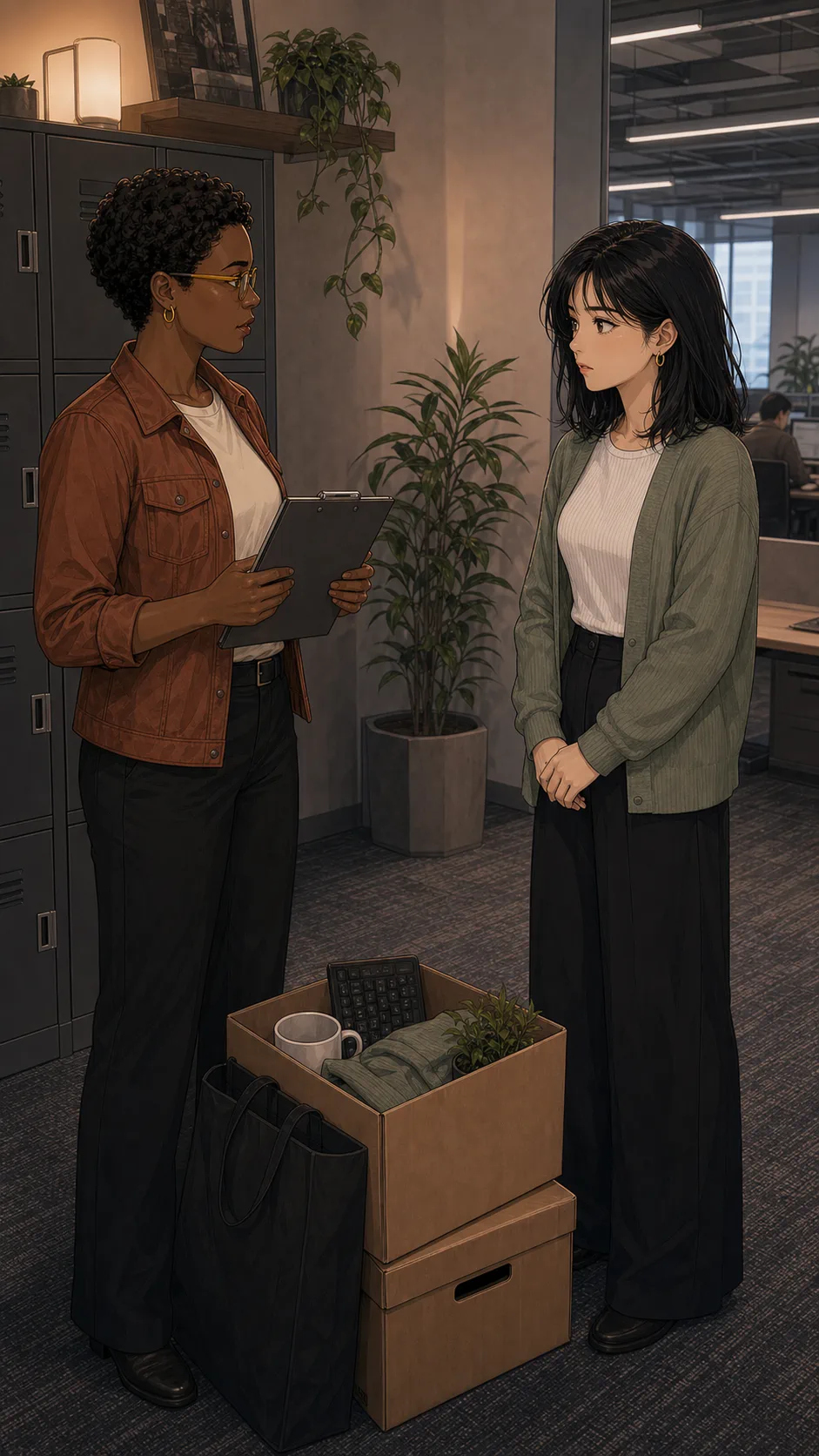 Cami and Rina talk in a generic office corner beside plain boxes while Cami holds a blank clipboard.