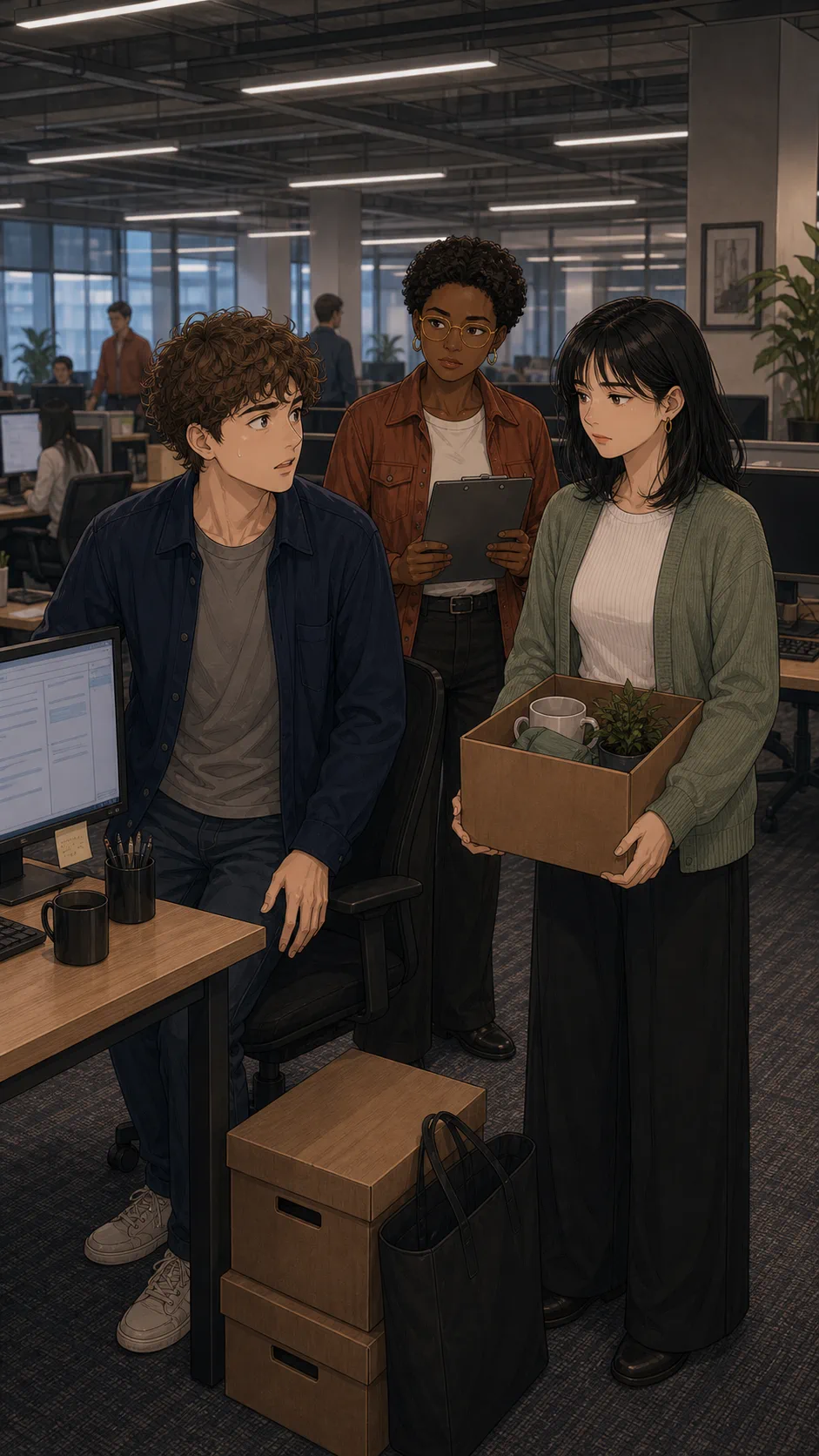 Milo stands awkwardly beside a generic office desk with an unreadable monitor while Rina holds a small boxed plant nearby.