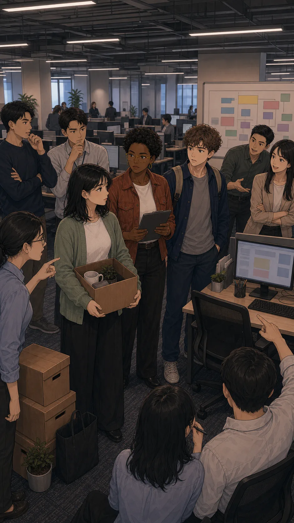 Rina, Cami, Milo, and coworkers gather in a generic office desk row split into three opinion clusters.