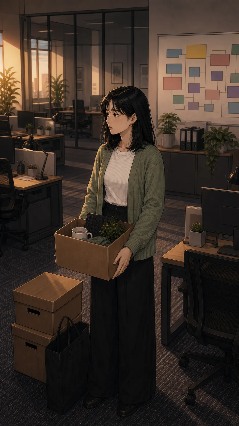 Rina stands in a quiet generic office beside her boxed plant and keyboard while looking toward the desk row.