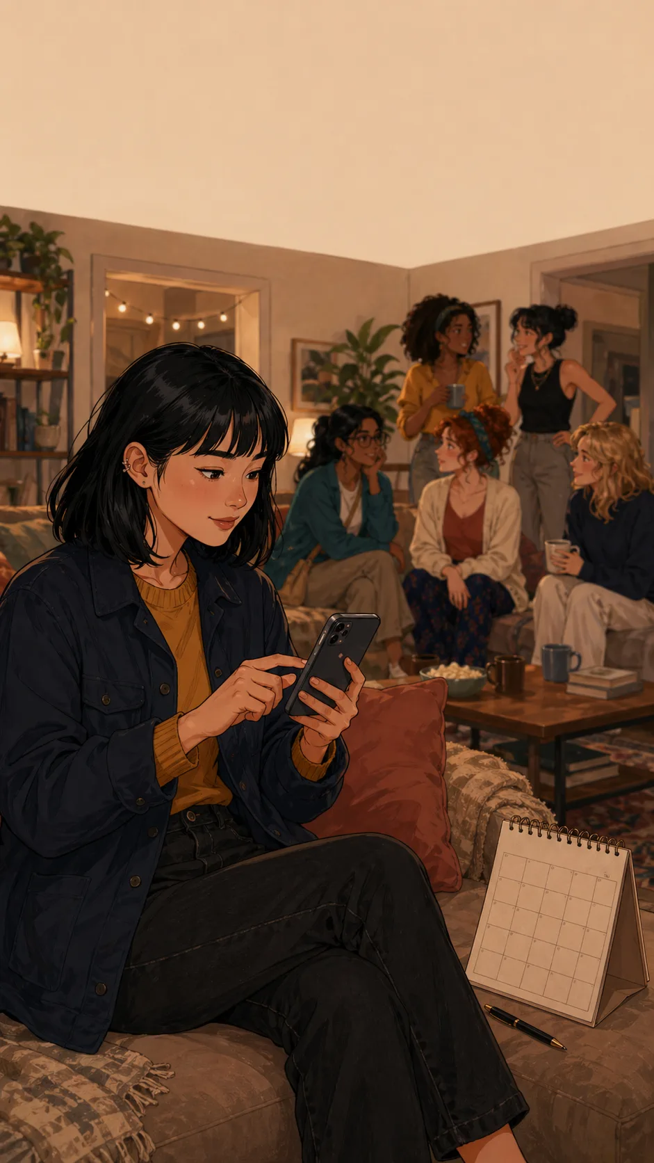 Lena creates a group poll on a phone whose screen faces her while a blank calendar sits beside her.