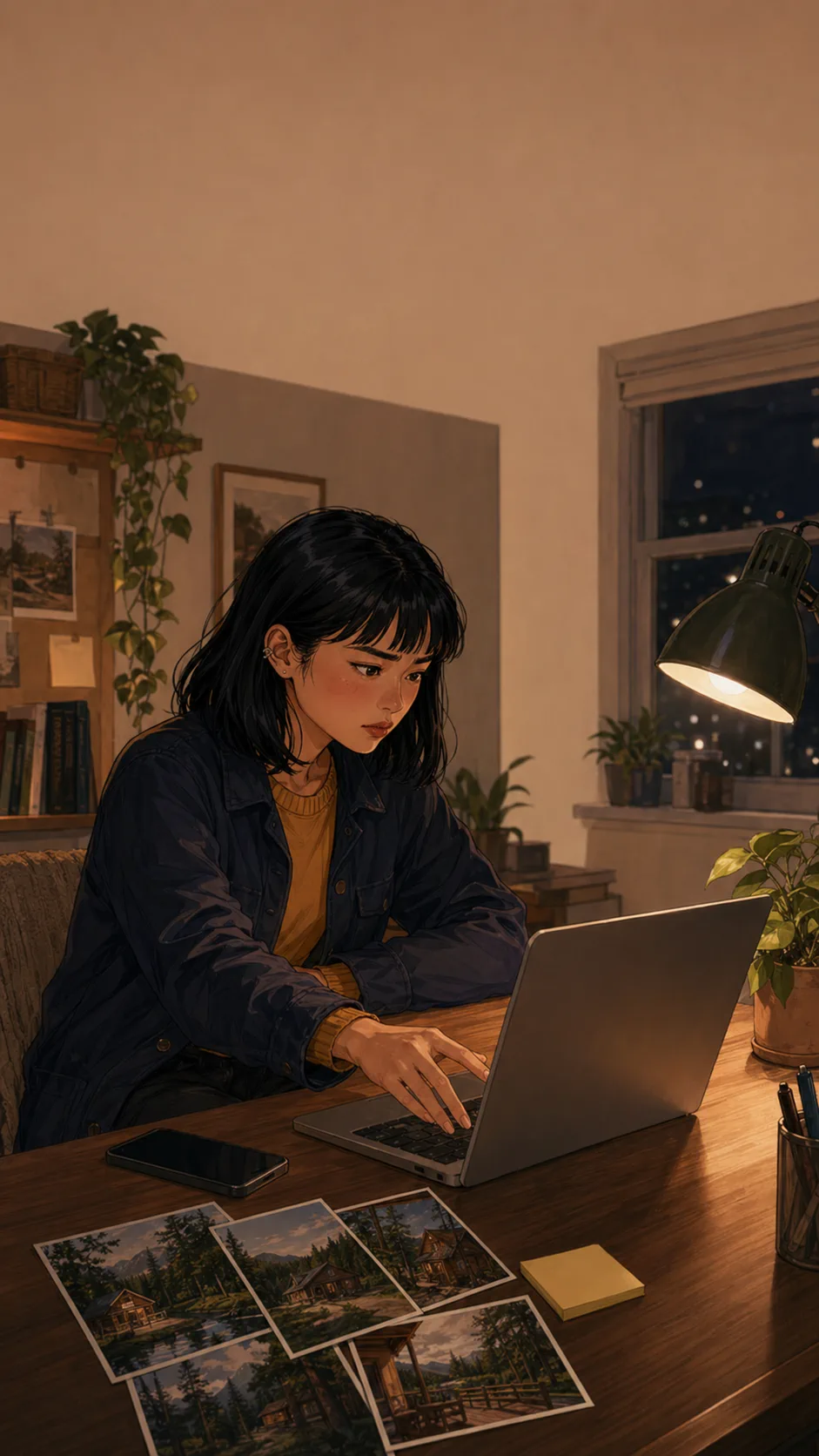 Lena sits at a generic apartment desk with a laptop angled away, blank cabin printouts, and a face-down phone.