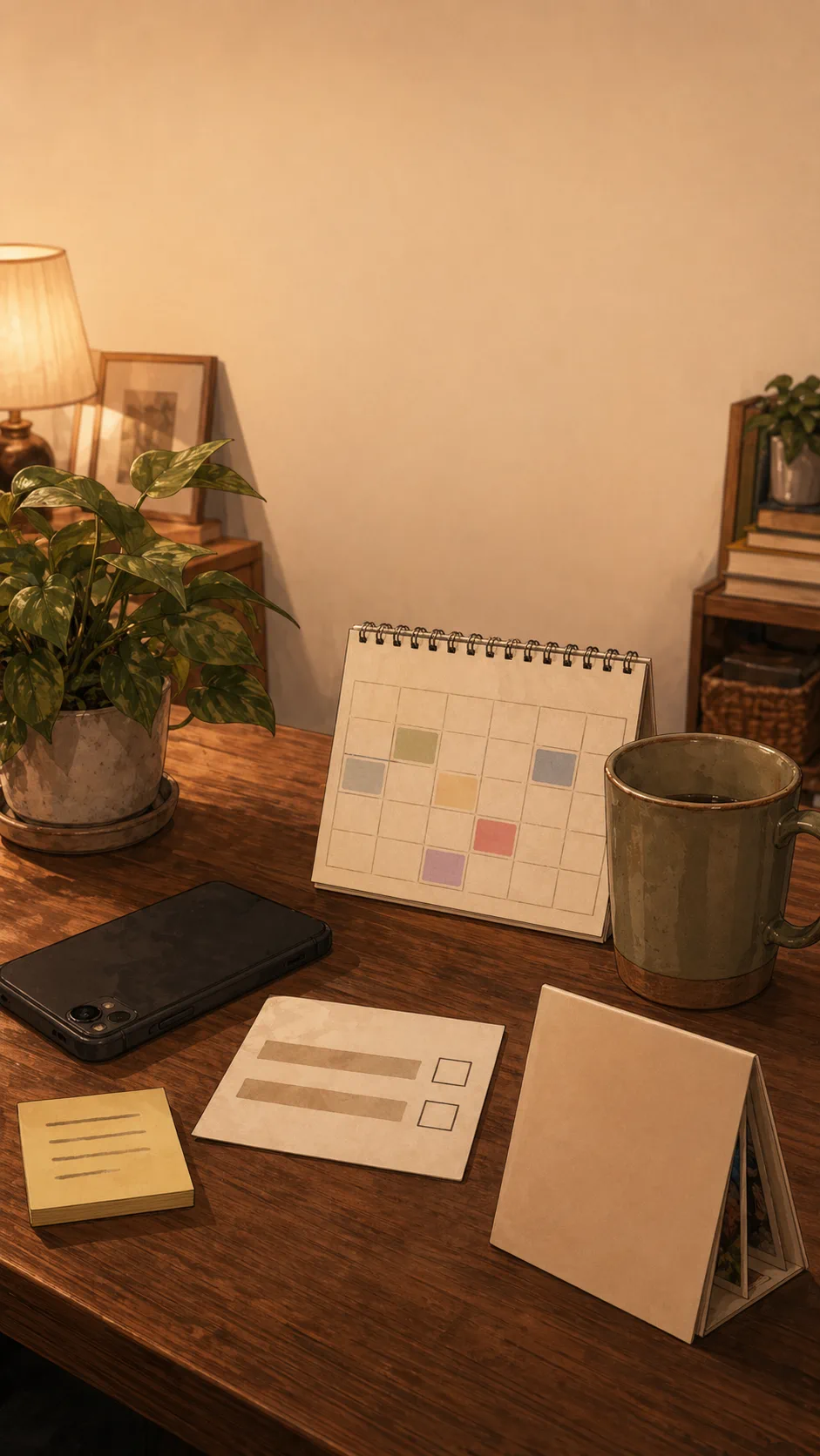 A generic apartment table shows a face-down phone, blank poll card, blank calendar card, turned-away cabin brochure, sticky note, and mug.