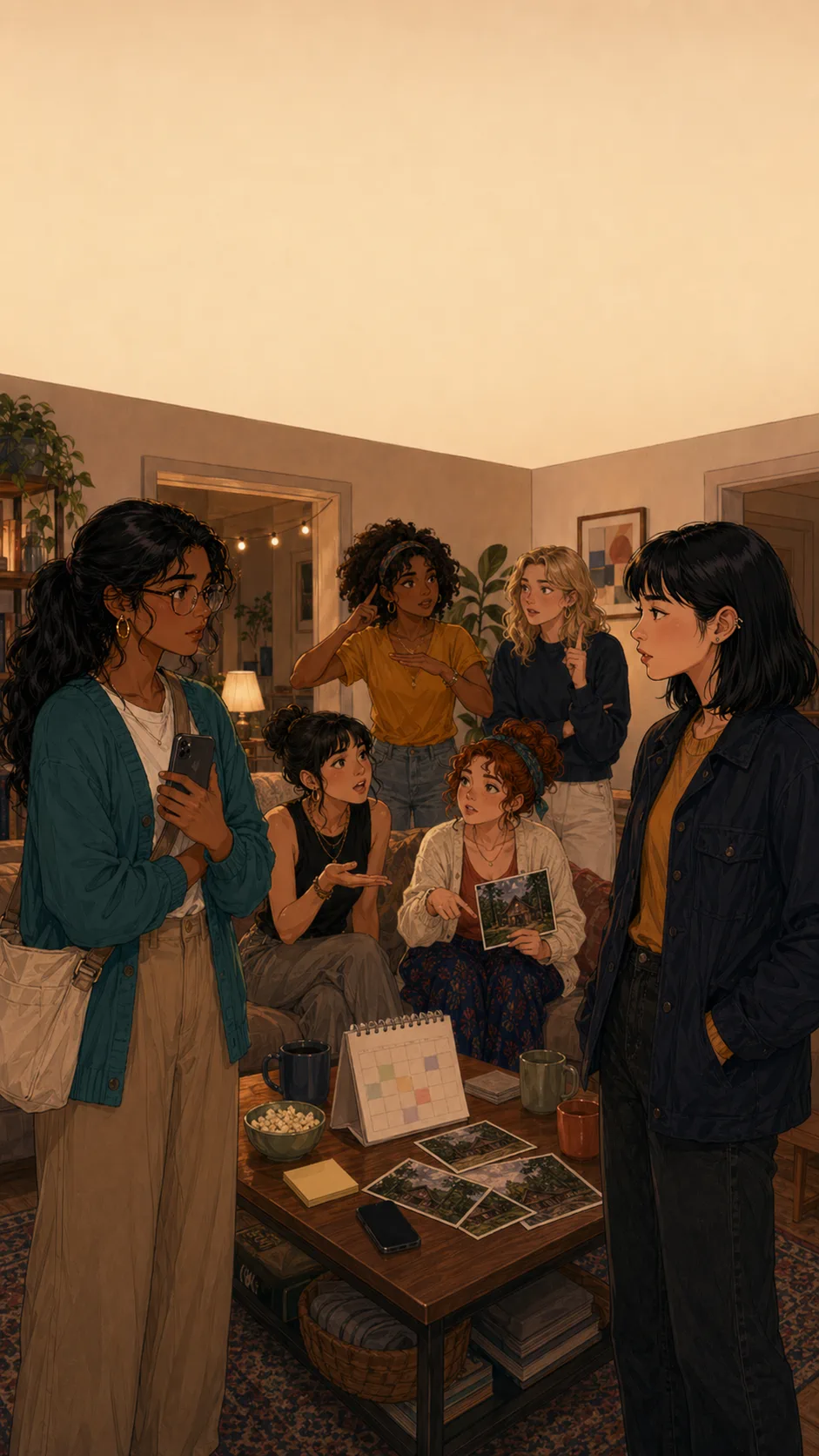 Lena, Priya, and four friends stand around a generic apartment coffee table with the group visibly split into three opinions.